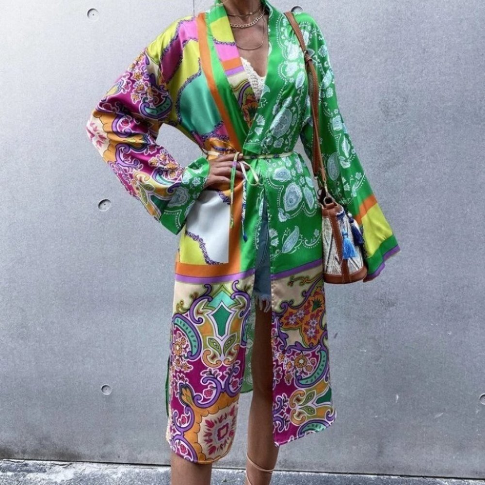 Print Open Print Kimono Cover-up Beach wear Duster - Picture 8 of 12